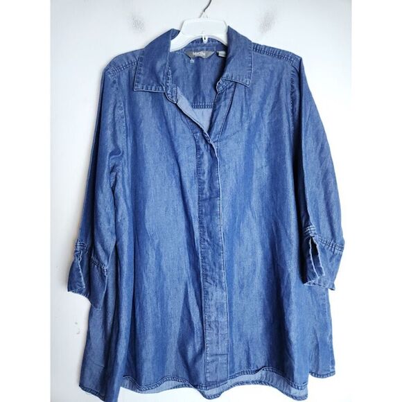 Martha Stewart Women Blue Chambray Button Down 3/4 Sleeves Blouse size Large - Picture 1 of 7
